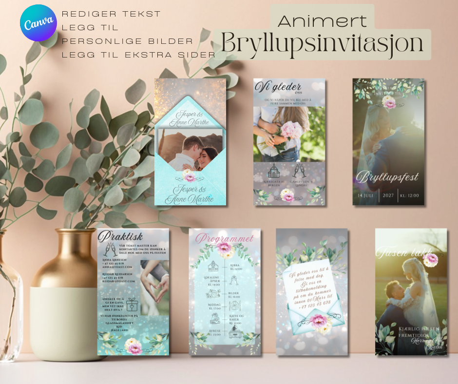 Tilpass invitasjonen med egne bilder, tekst, farger og skrifttyper alt etter din smak og tema. Du trenger ingen design-erfaring, bare noen få klikk, og du har en personlig bryllupsinvitasjon klar til deling.