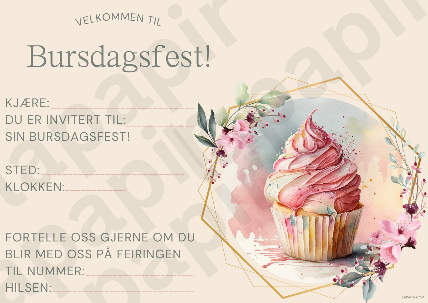 invitasjonskort til barnebursdag, cupcake-tema, utskrivbare invitasjoner, hjemmeutskrift, PDF bursdagsinvitasjon, barneinvitasjon, printbare bursdagskort, ferdige invitasjoner, bursdagsfeiring, barnebursdag.