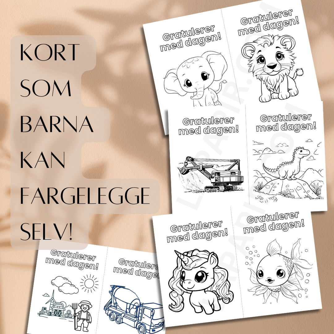 Gi barnebursdagen en ekstra kreativ vri med våre fargelegg-selv bursdagskort