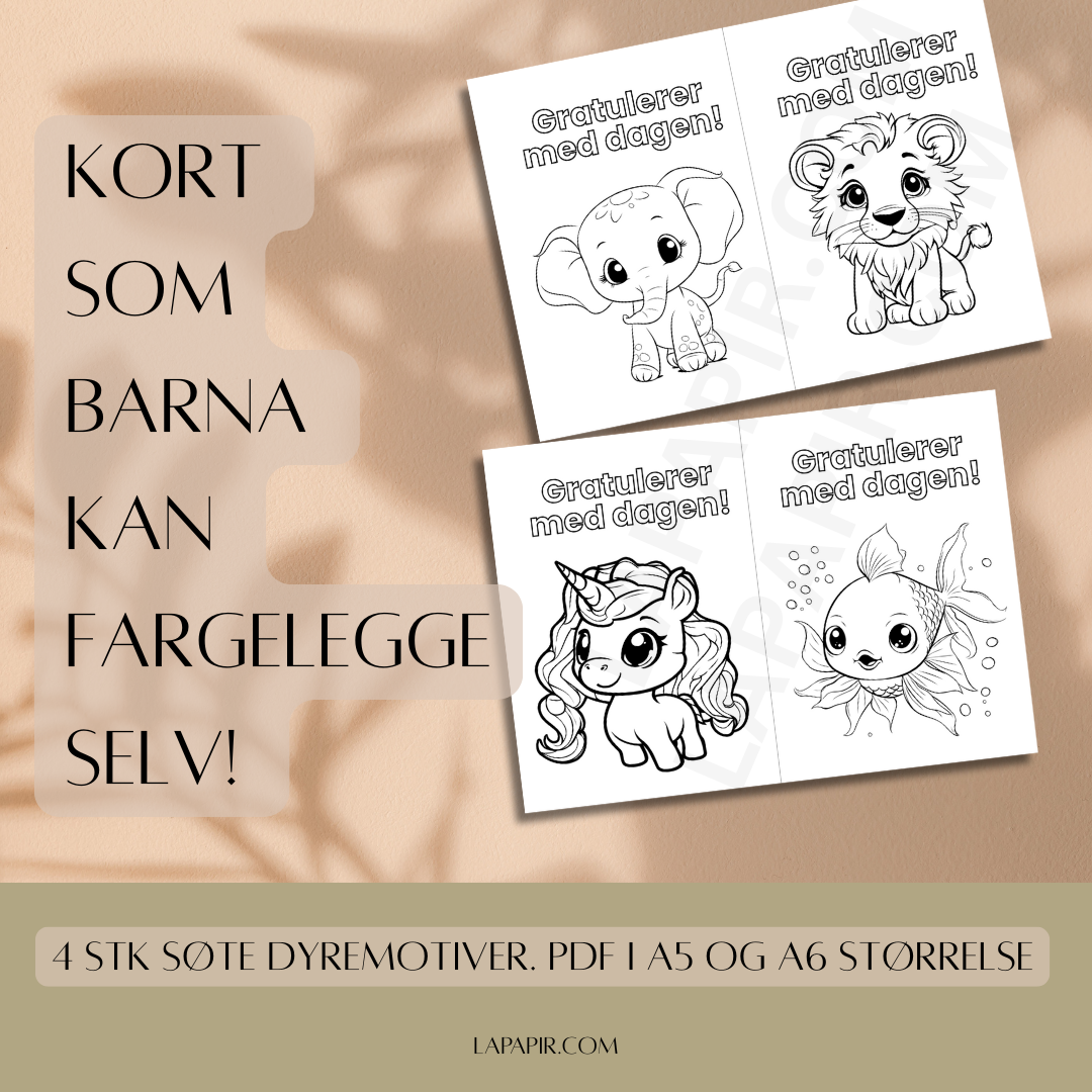 Gratulasjonskort PDF fargelegg-selv bursdagskort (4 unike kort) Dyremotiv