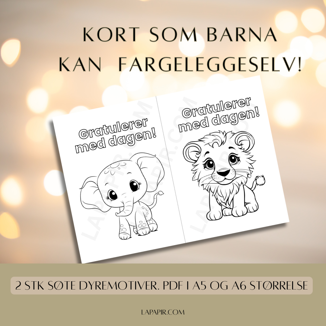 Gratulasjonskort PDF fargelegg-selv bursdagskort (2 unike kort) Dyremotiv