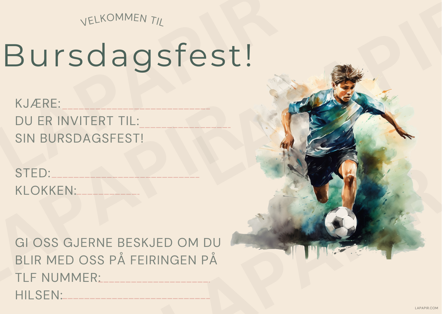 invitasjonskort til barnebursdag, fotballtema, utskrivbare invitasjoner, hjemmeutskrift, PDF bursdagsinvitasjon, barneinvitasjon, printbare bursdagskort, ferdige invitasjoner, bursdagsfeiring, barnebursdag.
