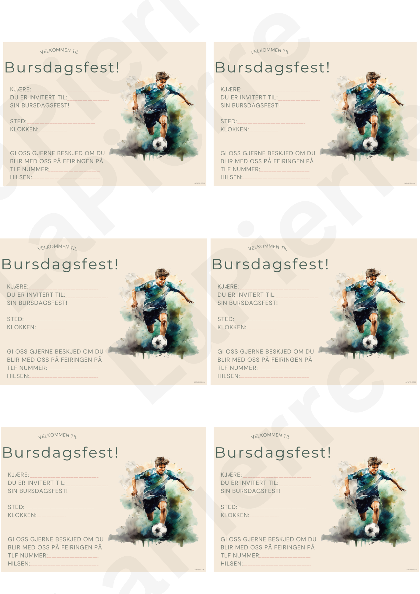 invitasjonskort til barnebursdag, fotballtema, utskrivbare invitasjoner, hjemmeutskrift, PDF bursdagsinvitasjon, barneinvitasjon, printbare bursdagskort, ferdige invitasjoner, bursdagsfeiring, barnebursdag.