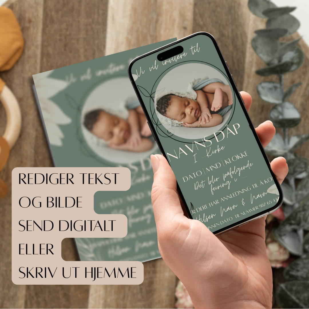 Lag et personlig og digitalt dåpskort med vår redigerbare Canva-mal. Kortet kan enkelt tilpasses med bilder og tekst. Når du er ferdig, laster du ned et bilde klar til å deles på Instagram, TikTok, e-post eller Messenger. En moderne invitasjon til dåp, laget med kjærlighet og delt med stil. Perfekt for deg som ønsker en enkel, vakker og mobilvennlig løsning.