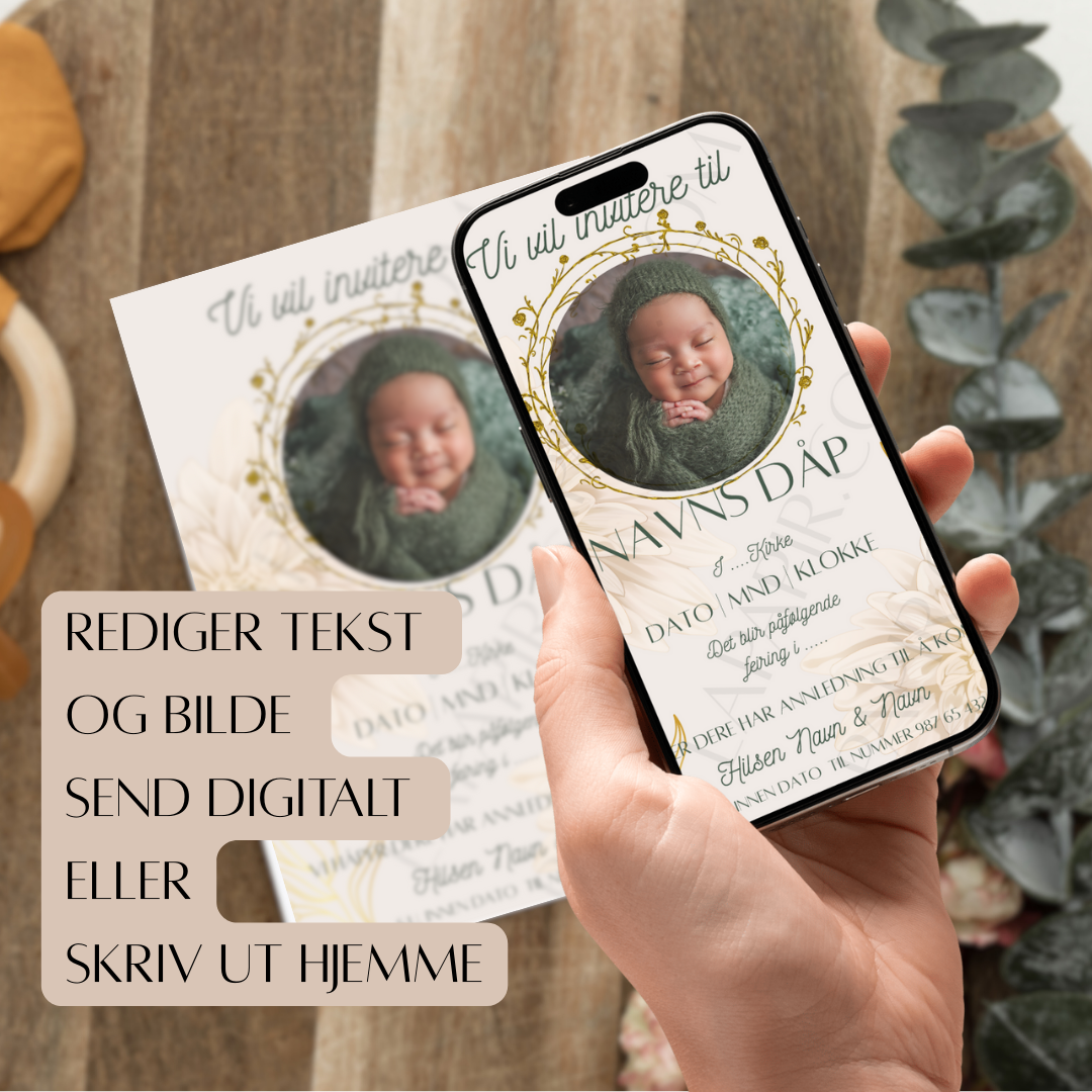 Lag et personlig og digitalt dåpskort med vår redigerbare Canva-mal. Kortet kan enkelt tilpasses med bilder og tekst. Når du er ferdig, laster du ned et bilde klar til å deles på Instagram, TikTok, e-post eller Messenger. En moderne invitasjon til dåp, laget med kjærlighet og delt med stil. Perfekt for deg som ønsker en enkel, vakker og mobilvennlig løsning.