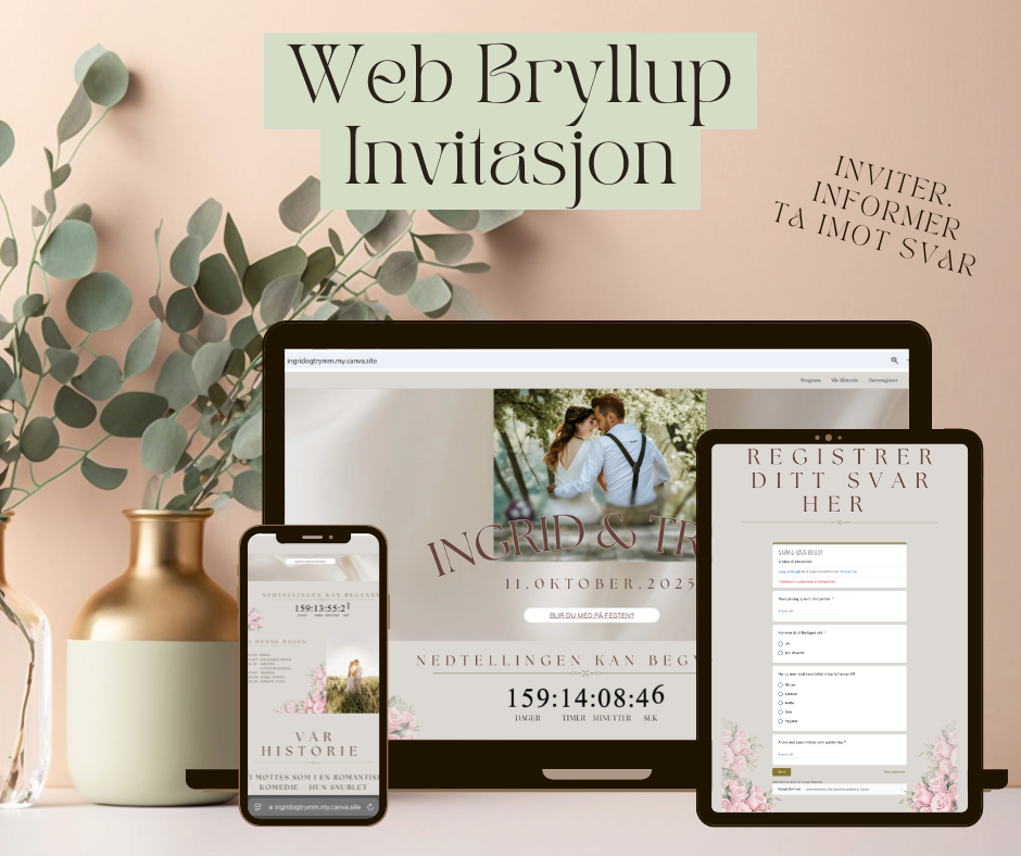 Skap en unik bryllupsinvitasjon med vår Canva-mal. Tilpass design, legg til sider, beskytt med passord, og motta tilbakemeldinger. Perfekt for bryllup, invitasjoner og informasjon – gjør planleggingen enkel og profesjonell med denne brukervennlige løsningen. Enkelt og raskt