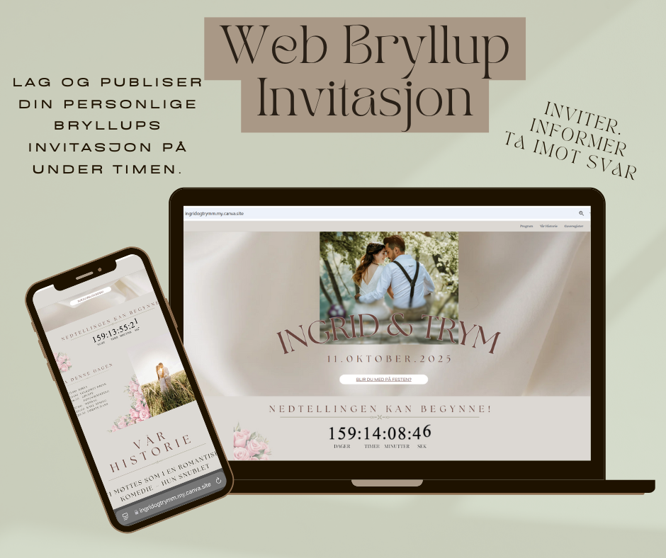 Skap en unik bryllupsinvitasjon med vår Canva-mal. Tilpass design, legg til sider, beskytt med passord, og motta tilbakemeldinger. Perfekt for bryllup, invitasjoner og informasjon – gjør planleggingen enkel og profesjonell med denne brukervennlige løsningen.