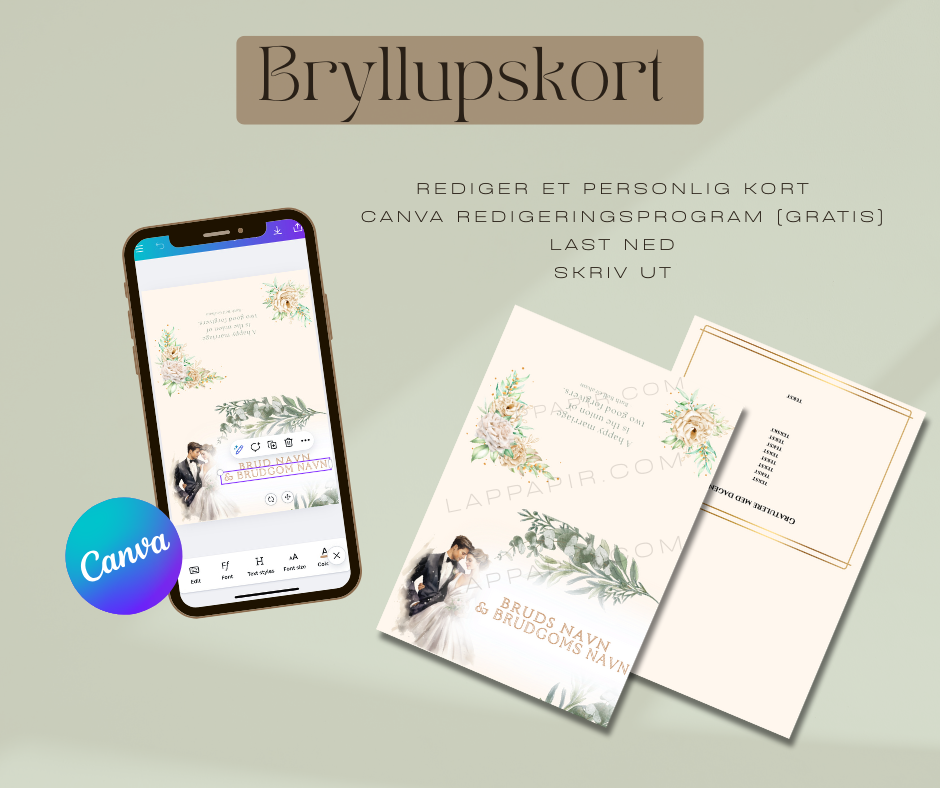 Bryllupskort til brudeparet. MAL. Skriv ut hjemme.