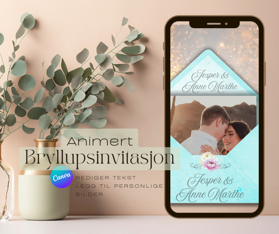 Tilpass invitasjonen med egne bilder, tekst, farger og skrifttyper&nbsp; alt etter din smak og tema. Du trenger ingen design-erfaring, bare noen få klikk, og du har en personlig bryllupsinvitasjon klar til deling.