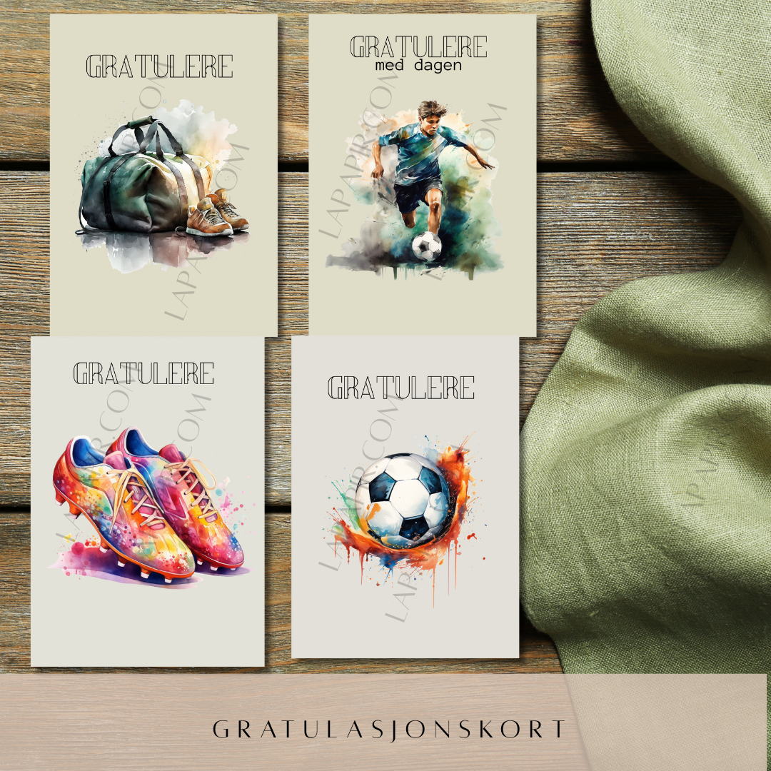 Trenger du kule bursdagskort med et sporty preg? Denne PDF-en gir deg fire stilige kort med fotball- og sportsdesign – perfekte for små og store fans! Du får tilgang med én gang etter kjøp, og kan skrive ut og klippe kortene hjemme på få minutter.