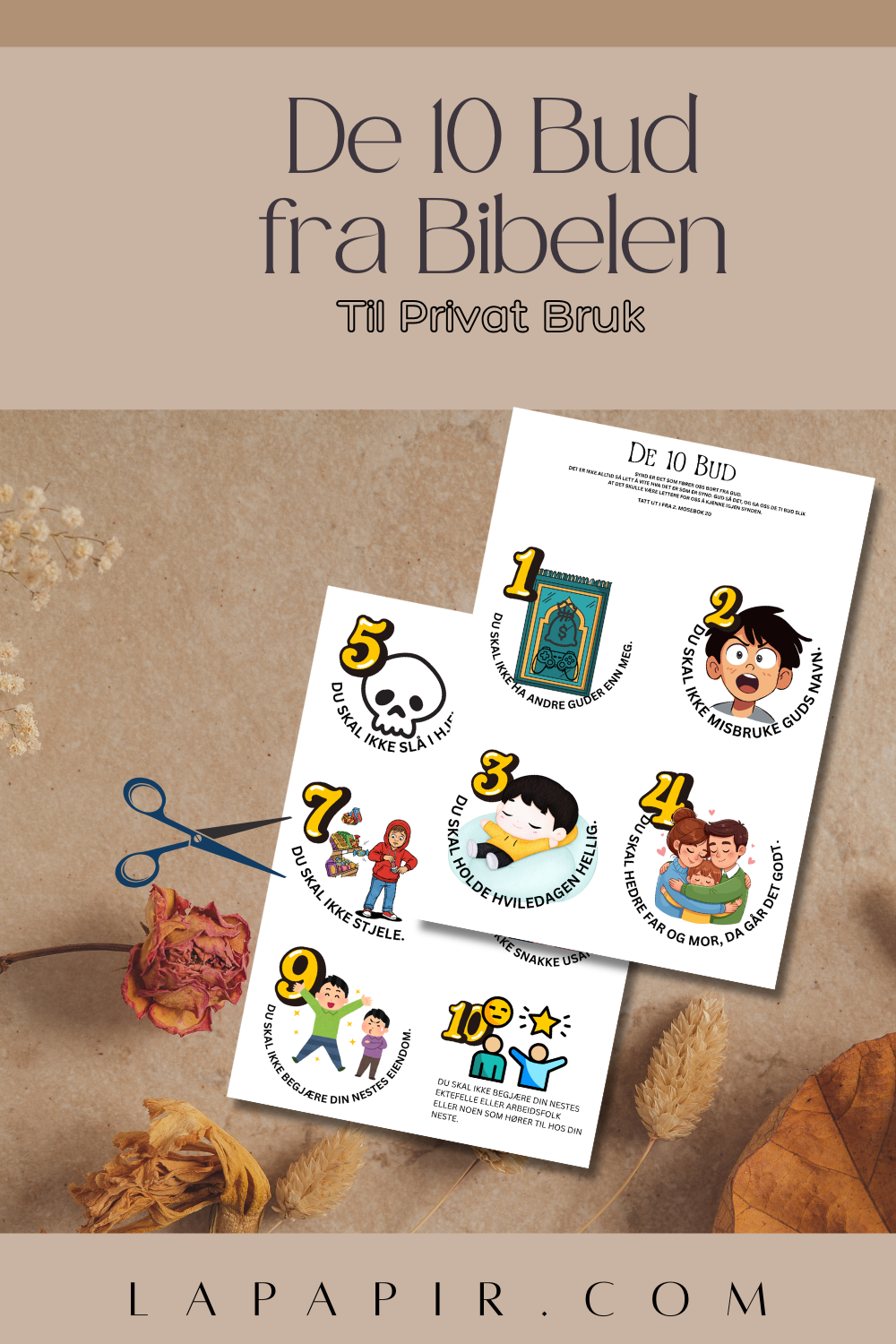Gjør bibelstudiet engasjerende og morsomt for barna dine! Denne unike PDF-en inneholder De 10 bud, designet for&nbsp; barn, presentert på en kreativ og lettfattelig måte.