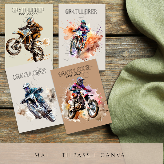 Trenger du kule bursdagskort med fart og spenning? Med denne redigerbare malen får du fire sporty motocross-kort som du enkelt kan tilpasse selv i Canva , helt gratis og uten behov for avansert designkunnskap.