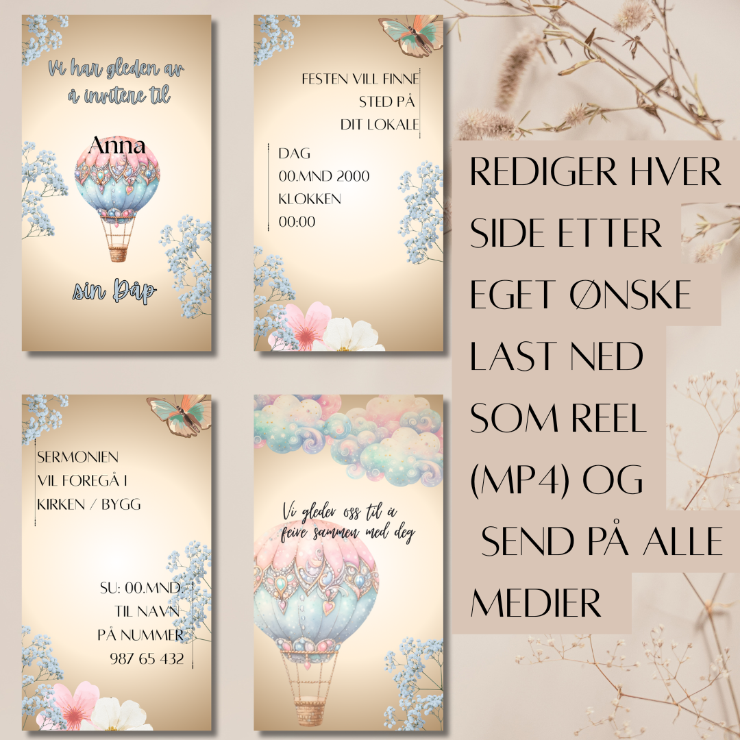 Digital dåpsinvitasjon i Canva – personlig, miljøvennlig og elegant. Perfekt for travle foreldre som ønsker en stilfull invitasjon til dåp. Tilpass med egne bilder og tekst, og del enkelt som video. Raskt, enkelt og bærekraftig.