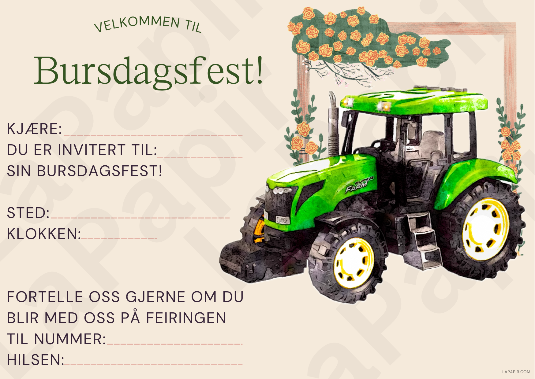 watercolur traktor bursdag invitasjon. PDF på Norsk . Norsk bursdags kort til å invitere til barnebursdag. med traktor motiv