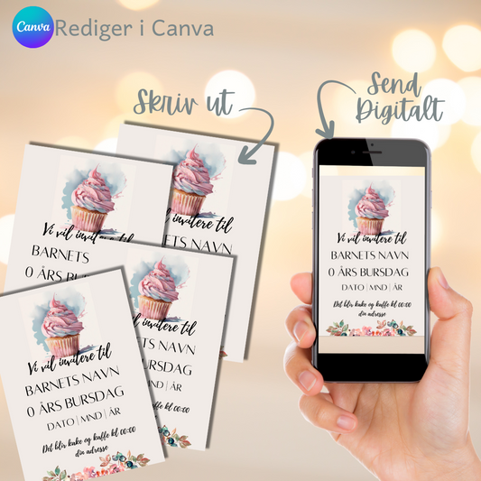 Digital Invitasjon bursdag, Cupcake motiv