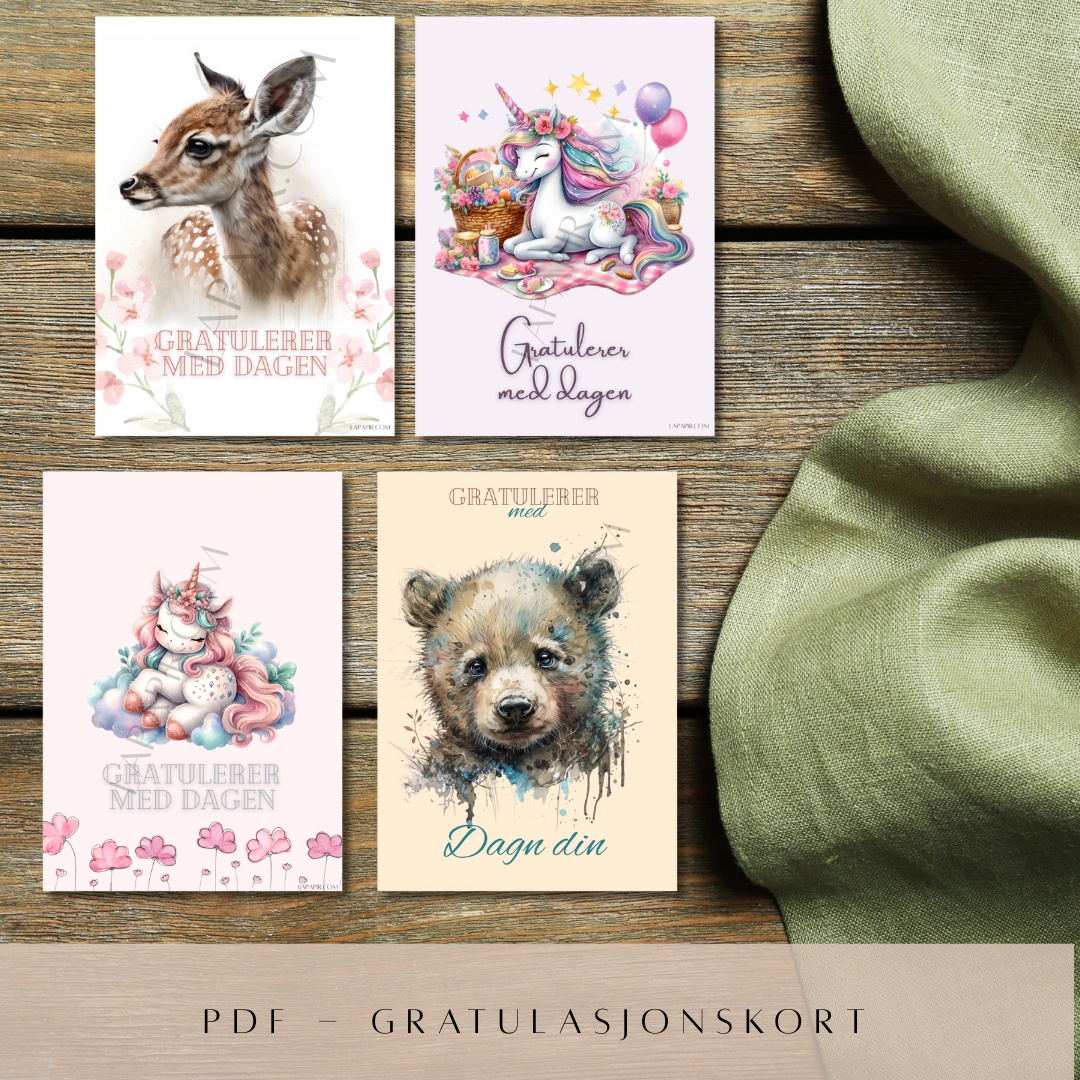 Trenger du sjarmerende bursdagskort? Vi har samlet 4 herlige kort med enhjørninger og søte dyr i én praktisk PDF, klar til utskrift og klipping.