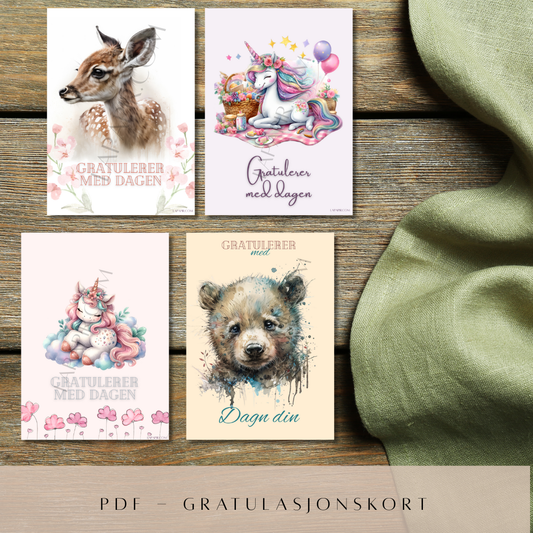 Trenger du sjarmerende bursdagskort? Vi har samlet 4 herlige kort med enhjørninger og søte dyr i én praktisk PDF, klar til utskrift og klipping.