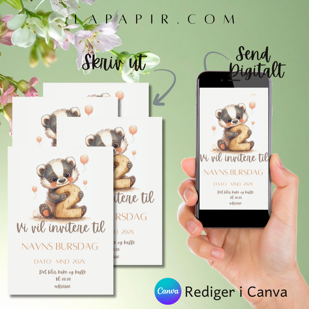 Med vår 2års bursdagsinvitasjonsmal får du alt du trenger for å lage en magisk og personlig invitasjon ,raskt og enkelt! Enten du bruker PC, nettbrett eller telefon, kan du tilpasse invitasjonen etter din egen stil, og dele den på et blunk.