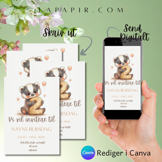 Med vår 2års bursdagsinvitasjonsmal får du alt du trenger for å lage en magisk og personlig invitasjon ,raskt og enkelt! Enten du bruker PC, nettbrett eller telefon, kan du tilpasse invitasjonen etter din egen stil, og dele den på et blunk.