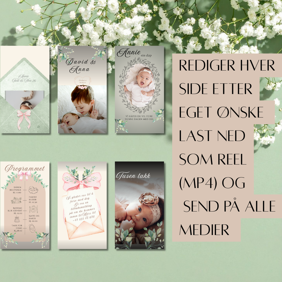 Full kontroll på designet
Tilpass invitasjonen med egne bilder, tekst, farger og skrifttyper&nbsp; alt etter din smak og barnets dåpstema. Du trenger ingen design-erfaring, bare noen få klikk, og du har en personlig dåpsinvitasjon klar til deling.