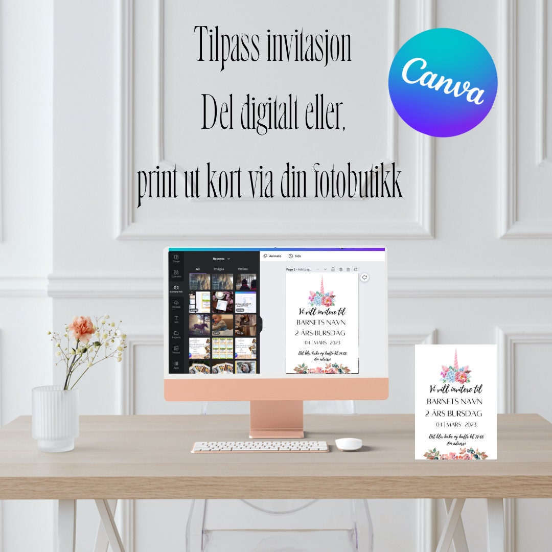 Enhjørning invitasjon mal. Denne invitasjonmalen er med ferdig tekst. den kan deles online eller skrives ut hjemme. få umiddelbart tilgang på malen og rediger den i Canva