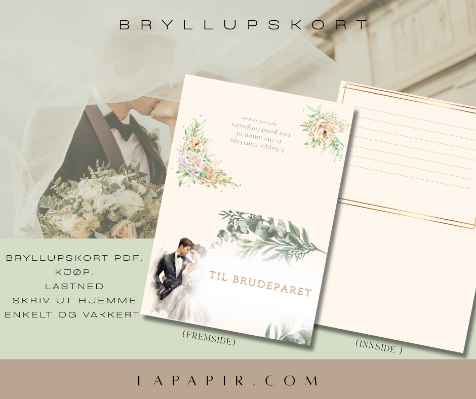 Bryllupskort til brudeparet. PDF. Skriv ut hjemme.