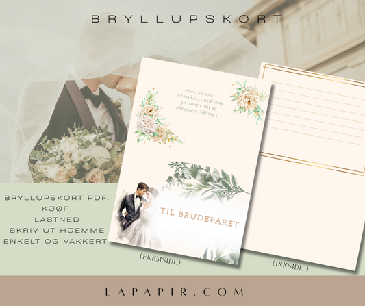 Bryllupskort til brudeparet. PDF. Skriv ut hjemme.