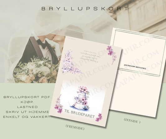 Bryllupskort til brudeparet. PDF. Skriv ut hjemme
